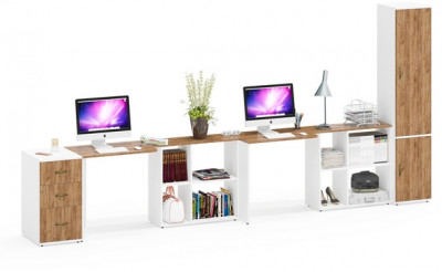 Лидер-8 Стол + Стол + Пенал МД 21Б + Тумба МД 3.16, белый шагрень/крафт золото