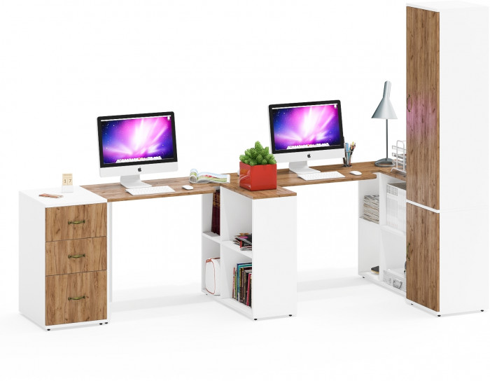 Лидер-8 Стол + Стол + Пенал МД 21Б + Тумба МД 3.16, белый шагрень/крафт золото