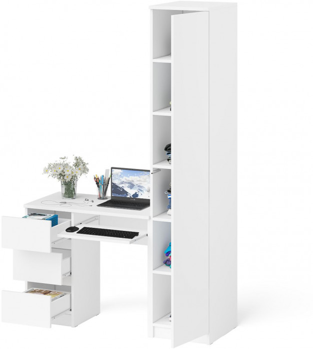 Мори Стол компьютерный МС-6 левый + Пенал МШ400.1, цвет белый, ШхГхВ 130,4х50,4х209,6 см., выдвижные ящики слева, НЕ универсальная сборка