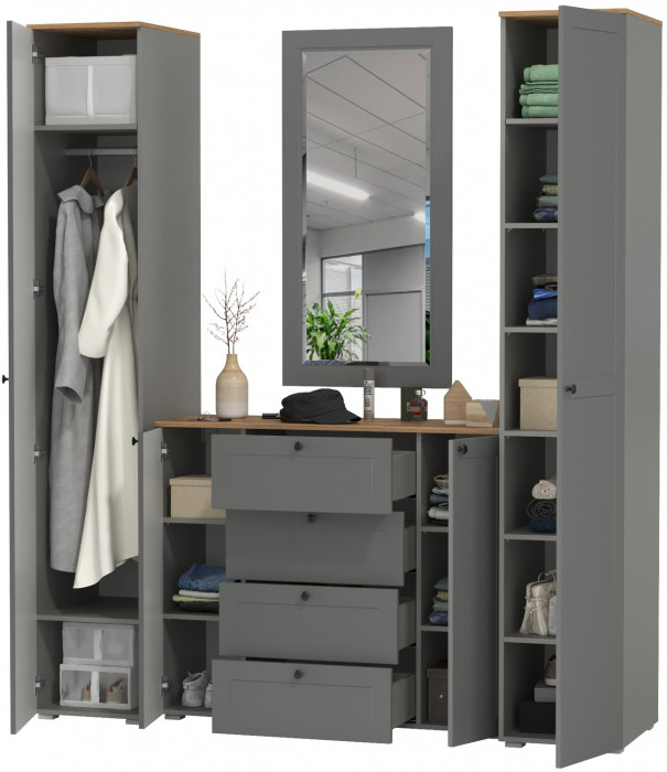 Остин Прихожая 32, цвет серый графит/дуб крафт золотой, ШхГхВ 200х54,3х229,6 см., универсальная сборка