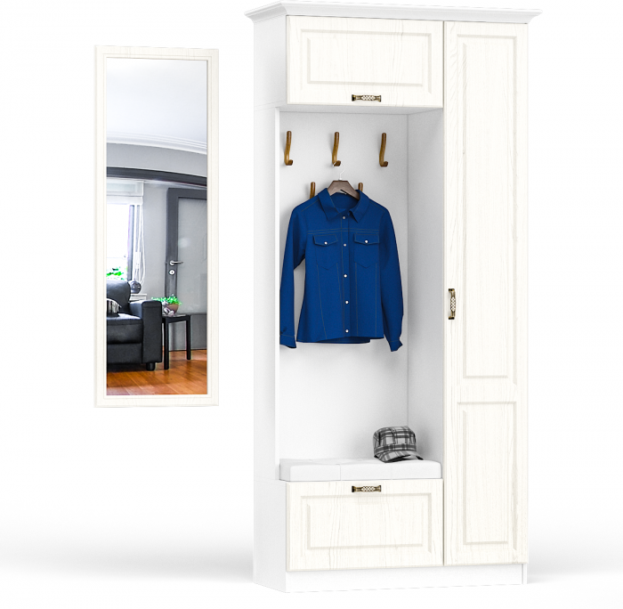 Ливерпуль Шкаф многоцелевого назначения 13.21 + карниз + Зеркало 03.242, ясень ваниль/белый