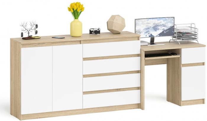 Мори компьютерный стол МС-1 правый + Комод МК1600.1, дуб сонома/белый