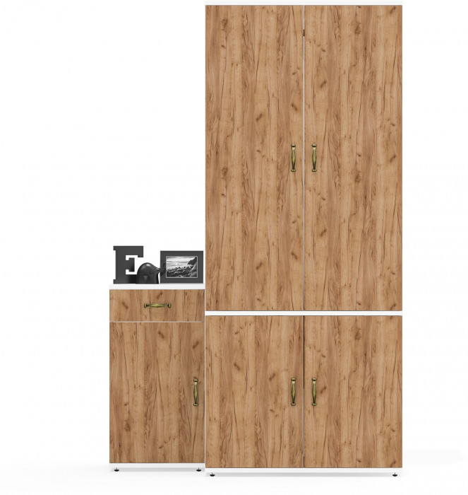 Лидер-8 Шкаф МД 19Б + Тумба МД 3.15, цвет белый шагрень/крафт золото, ШхГхВ 120х50х190 см., универсальная сборка