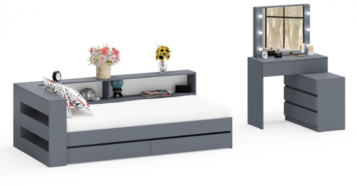 Ксения Кровать с ящиками 0900 + прикроватный блок + Столик с подсветкой 110, графит