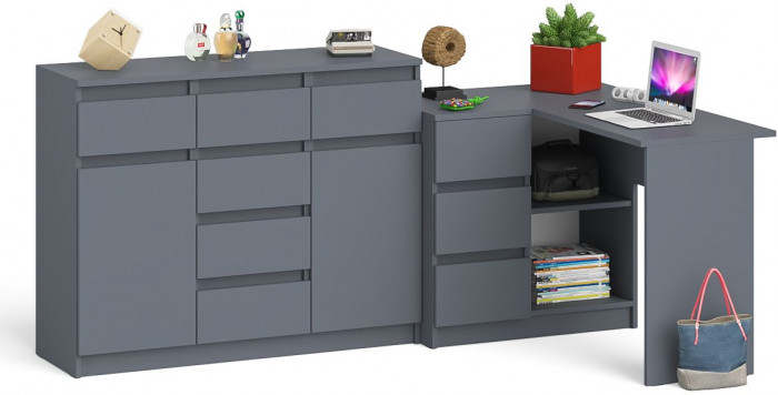 Мори Стол компьютерный МС-16 левый + Комод МК1200.4, цвет графит, ШхГхВ 244,8х84,9х94 см., выдвижные ящики слева, НЕ универсальная сборка