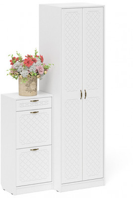 Прихожая П-6 Компоновка № 16, цвет белая шагрень/фасады МДФ белое дерево фрезеровка ромб, ШхГхВ 110х50х210 см., универсальная сборка