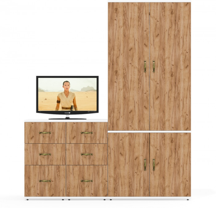 Лидер-8 Шкаф МД 19Б + Тумба МД 3.16 + Тумба МД 3.16, цвет белый шагрень/крафт золото, ШхГхВ 160х50х190 см., универсальная сборка