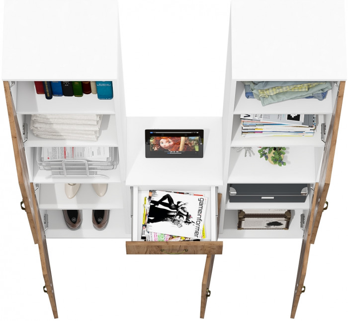 Лидер-8 Пенал + Пенал + Тумба МД 3.15, цвет белый шагрень/крафт золото, ШхГхВ 120х30х190 см., универсальная сборка