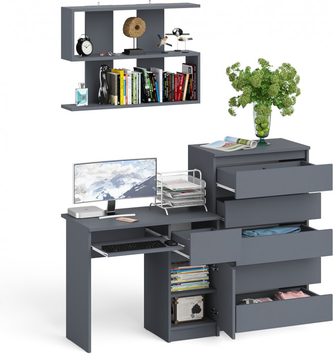 Мори компьютерный стол МС-1 правый + Комод МК700.5 + Полка 900, графит