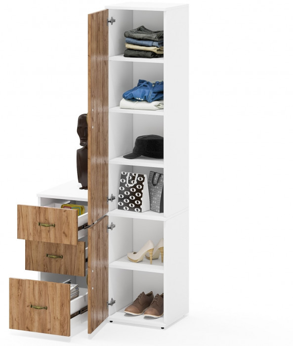 Лидер-8 Пенал МД 22Б + Тумба МД 3.16, цвет белый шагрень/крафт золото, ШхГхВ 80х50х190 см., универсальная сборка