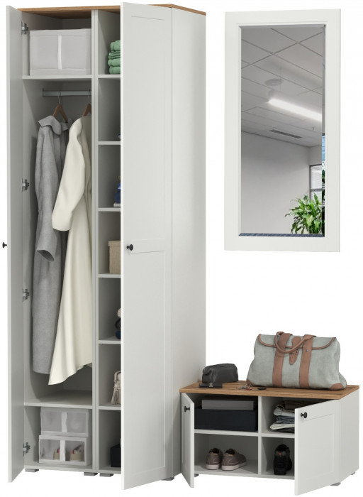 Остин Прихожая 36, цвет белый шагрень/дуб крафт золотой, ШхГхВ 160х54,3х229,6 см., универсальная сборка