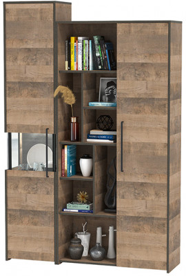 Трувор 13.205 Шкаф-пенал с витриной + 13.206 Шкаф-стеллаж, цвет дуб гранж песочный/интра, ШхГхВ 137,8х37х210 см., универсальная сборка