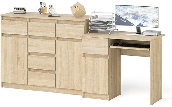 Мори Стол компьютерный МС-1 левый + Комод МК1200.4, цвет дуб сонома, ШхГхВ 210,4х50х94 см., выдвижной ящик слева, НЕ универсальная сборка