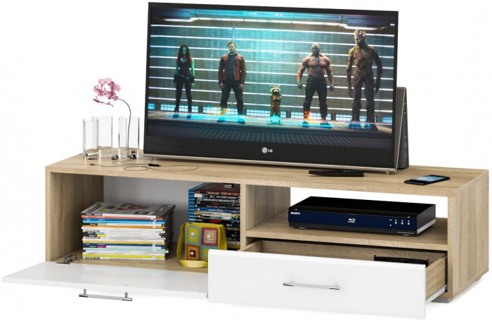 Тумба под ТВ Ларго 1, корпус дуб сонома/фасады МДФ белый глянец