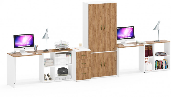 Лидер-8 Стол + Стол + Шкаф МД 20Б + Тумба МД 3.16, белый шагрень/крафт золото