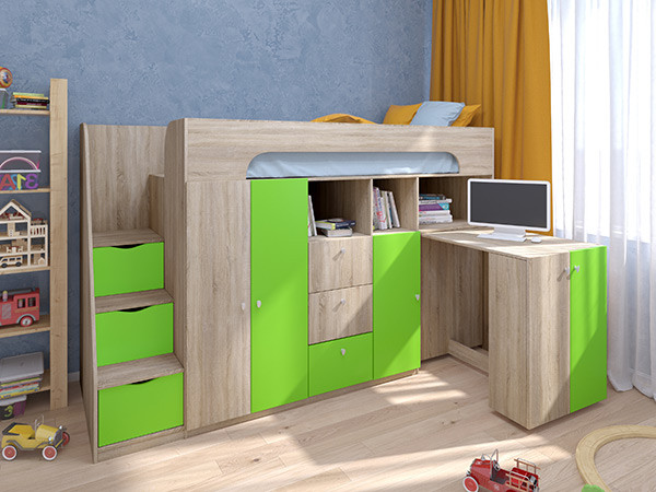 Кровать чердак Астра 11 Сонома/Салатовый