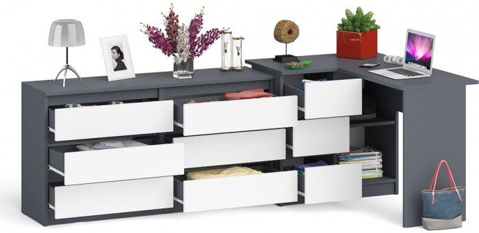 Мори компьютерный стол МС-16 левый + Комод МК1380.6, графит/белый