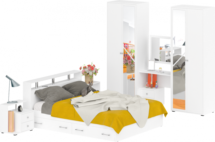 Камелия спальня № 9 Кровать с ящиками 1600 + Две тумбы + Стол косметич. + Зеркало + Шкаф 4-х, цвет белый, сп.м. 1600х2000 мм., б/м, осн. есть