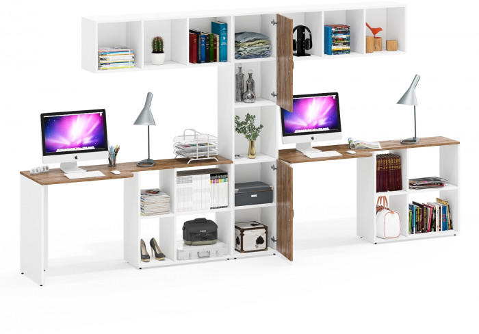 Лидер-8 Стол + Полка + Стол + Полка + Пенал, цвет белый шагрень/крафт золото, ШхГхВ 370х50/30х75/190 или 230х50/120х75/190 см., НЕ универс. сборка