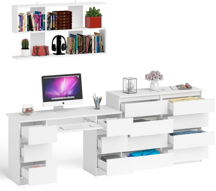 Мори компьютерный стол МС-2 + Комод МК1200.8 + Полка 1200, белый