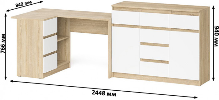 Мори Стол компьютерный МС-16 левый + Комод МК1200.4, цвет дуб сонома/белый, ШхГхВ 244,8х84,9х94 см., выдвижные ящики слев, НЕ универсальная сборкаа