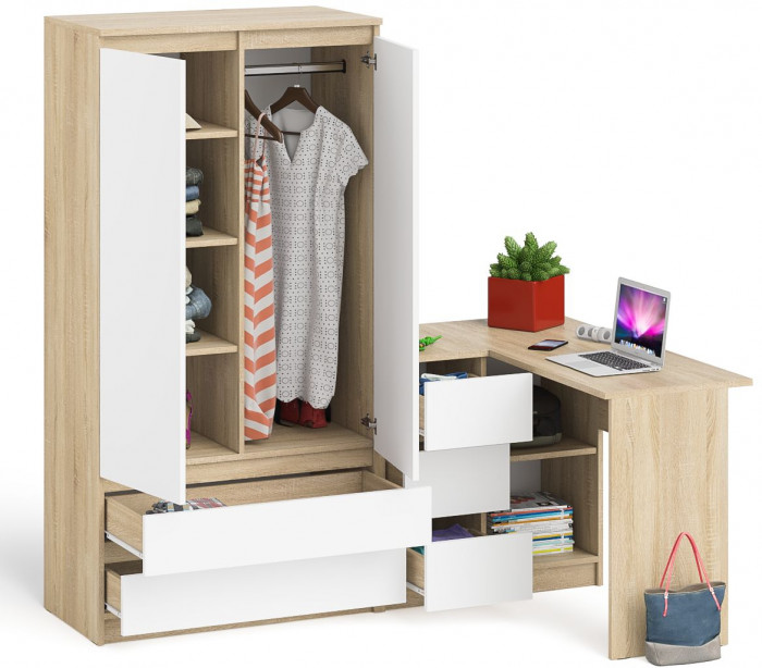 Мори Стол компьютерный МС-16 левый + Шкаф МШ900.1, цвет дуб сонома/белый, ШхГхВ 214,8х84,9х179,6 см., выдвижные ящики слева, НЕ универсальная сборка