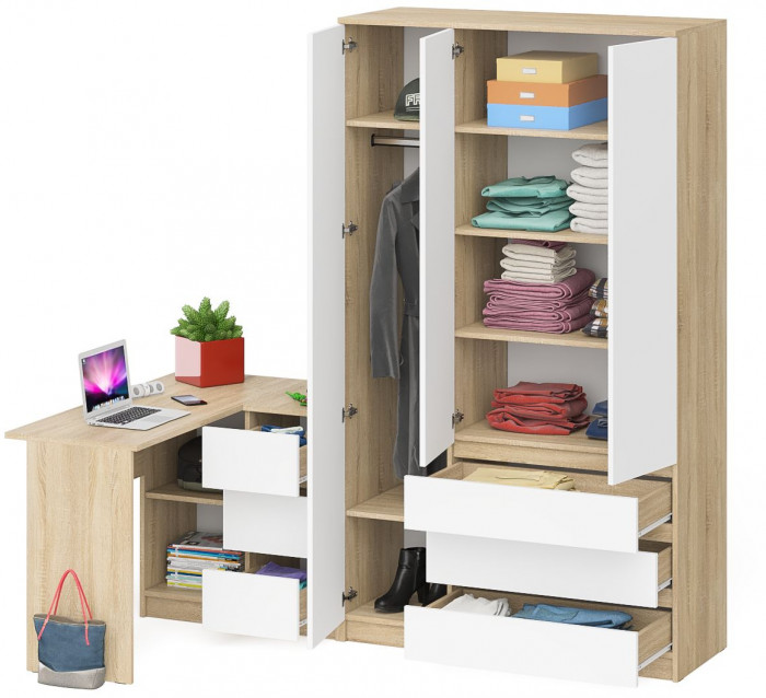Мори Стол компьютерный МС-16 правый + Шкаф МШ1200.1, цвет дуб сонома/белый, ШхГхВ 244,8х84,9х209,6 см., выдвижные ящики справа, НЕ универс. сборка