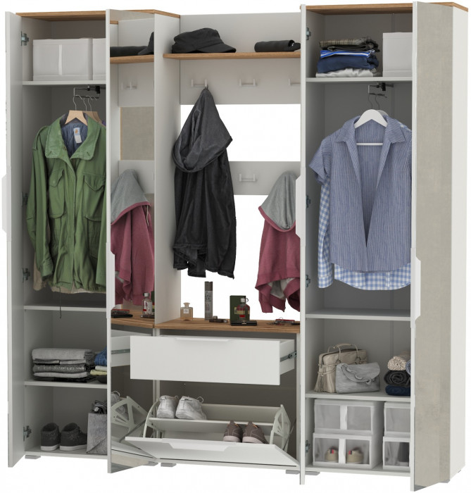 Октава Прихожая 27, белый шагрень/дуб крафт золотой/фасады МДФ белый шагрень