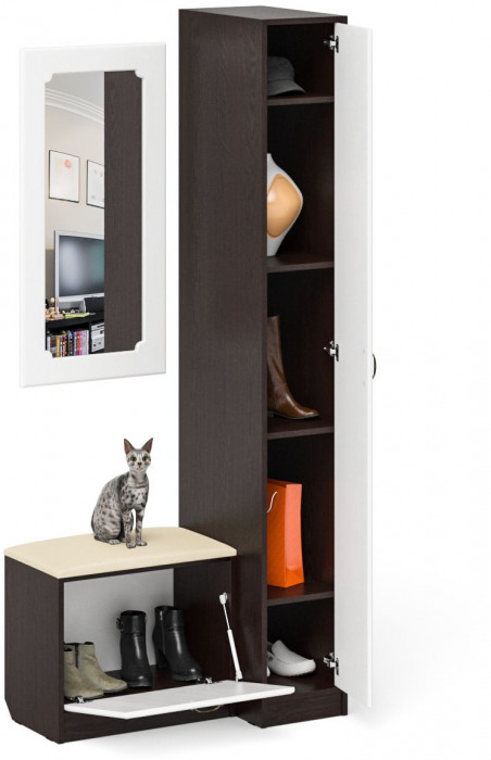 Прихожая П-6 Компоновка № 40, венге/фасады МДФ белое дерево фрезеровка ромб