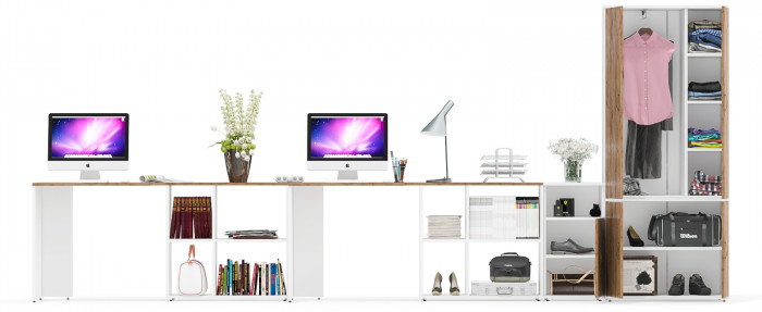 Лидер-8 Стол + Стол + Шкаф МД 20Б + Тумба МД 3.19, белый шагрень/крафт золото