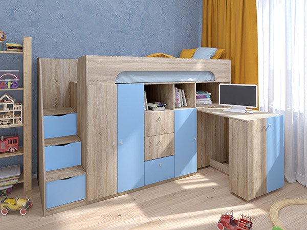 Кровать чердак Астра 11 Сонома/Голубой