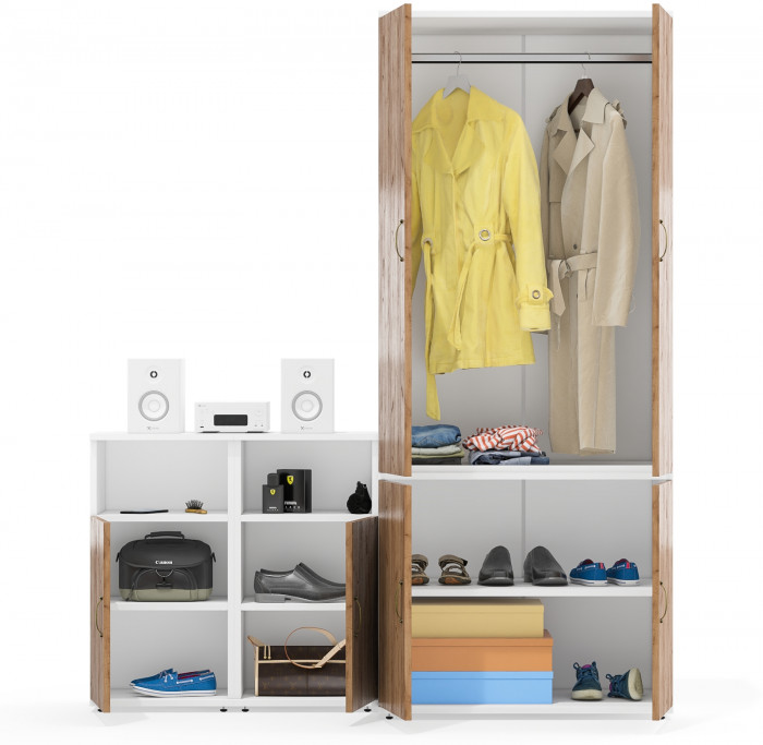 Лидер-8 Шкаф МД 19Б + Тумба МД 3.19 + Тумба МД 3.19, цвет белый шагрень/крафт золото, ШхГхВ 160х50х190 см., универсальная сборка