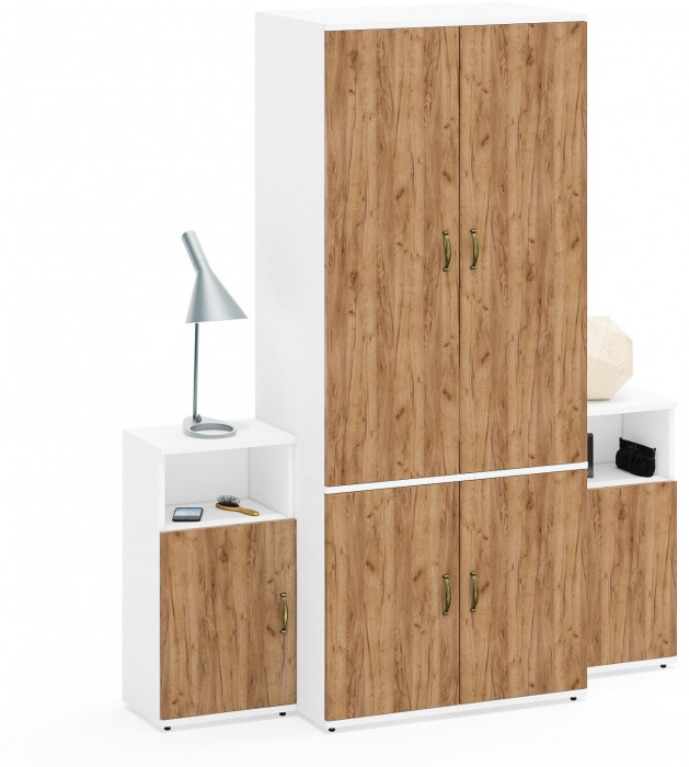 Лидер-8 Шкаф МД 19Б + Тумба МД 3.19 + Тумба МД 3.19, цвет белый шагрень/крафт золото, ШхГхВ 160х50х190 см., универсальная сборка