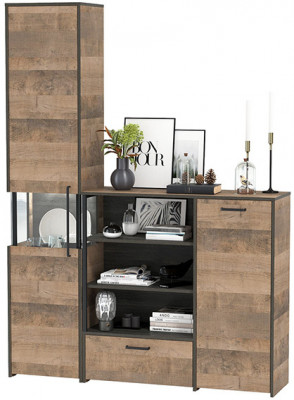 Трувор 13.205 Шкаф-пенал с витриной + 13.307.01 Комод, цвет дуб гранж песочный/интра, ШхГхВ 153,8х37х210 см., универсальная сборка