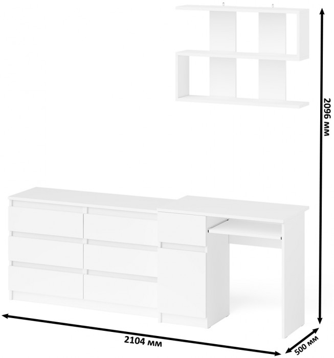 Мори Стол компьютерный МС-1 левый + Комод МК1200.6 + Полка 900, цвет белый, ШхГхВ 210,4х50х209,6 см., НЕ универсальная сборка