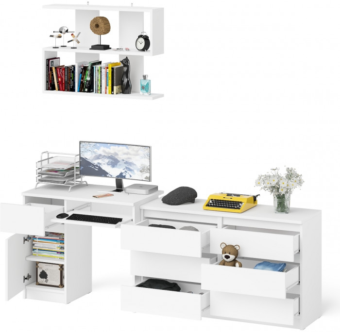 Мори Стол компьютерный МС-1 левый + Комод МК1200.6 + Полка 900, цвет белый, ШхГхВ 210,4х50х209,6 см., НЕ универсальная сборка