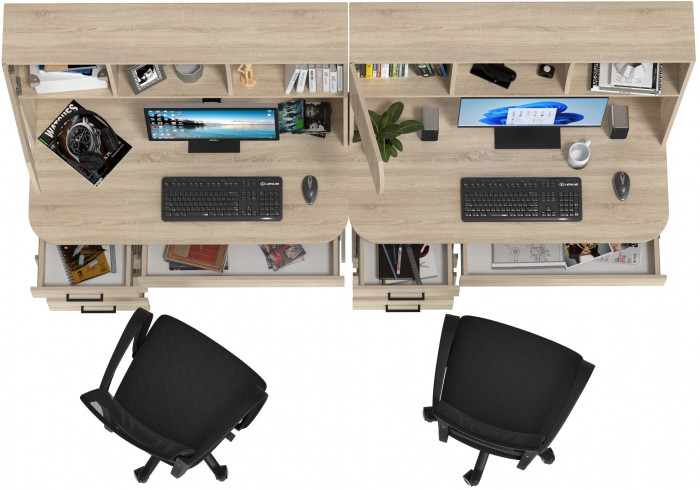 Два стола рабочих 6-0606 Сигма + два кресла 103 чёрных, дуб сонома