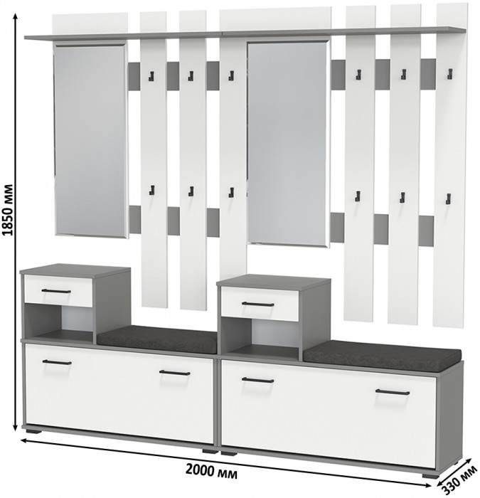 Лира ГК Прихожая 2 Два х Тумба под обувь + Два х Вешалка с зеркалом, графит/белый