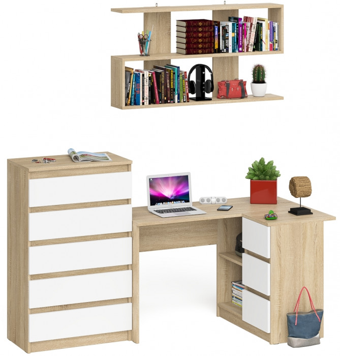 Мори компьютерный стол МС-16 правый + Комод МК700.5 + Полка 1200, дуб сонома/белый
