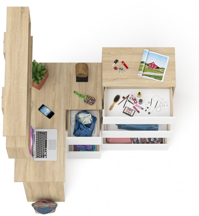 Мори компьютерный стол МС-16 правый + Комод МК700.5 + Полка 1200, дуб сонома/белый