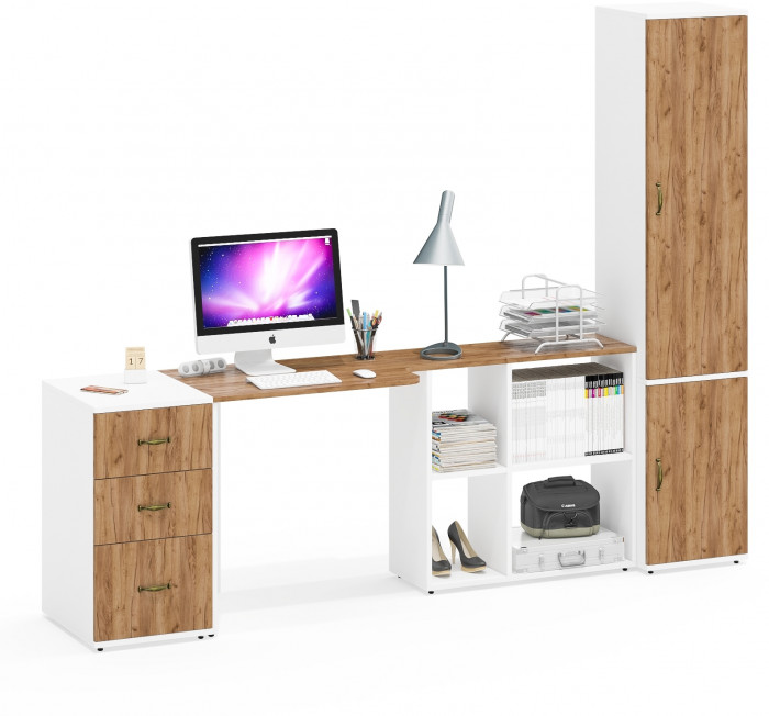 Лидер-8 Стол + Тумба МД 3.16 + Пенал МД 21Б, цвет белый шагрень/крафт золото, ШхГхВ 245х50/37,5х75/190 или 155х120/50х75/190 см., НЕ ун. сборка