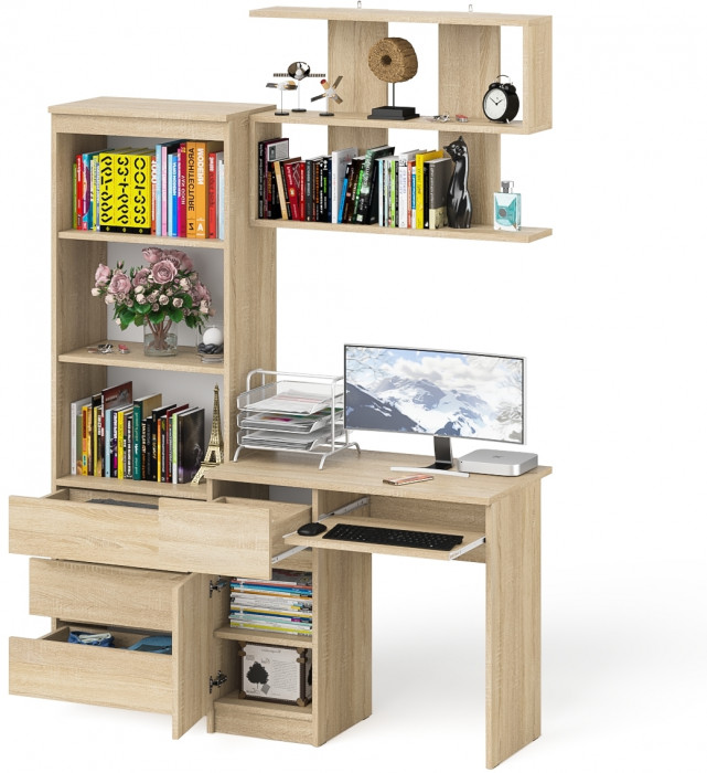Мори Стол компьютерный МС-1 левый + Стеллаж МСТ600.3 + Полка 900, цвет дуб сонома, ШхГхВ 150,4х50х209,6 см., НЕ универсальная сборка