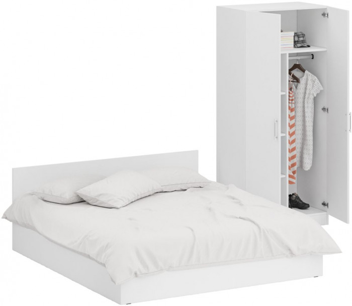 Кровать 1800 + Шкаф 2-х створчатый Стандарт, цвет белый, ШхГхВ 183,5х203,5х70 + 90х52х200 см., сп.м. 1800х2000 мм., без матраса, основание есть