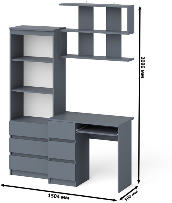 Мори Стол компьютерный МС-6 левый + Стеллаж МСТ600.3 + Полка 900, цвет графит, ШхГхВ 150,4х50х209,6 см., НЕ универсальная сборка
