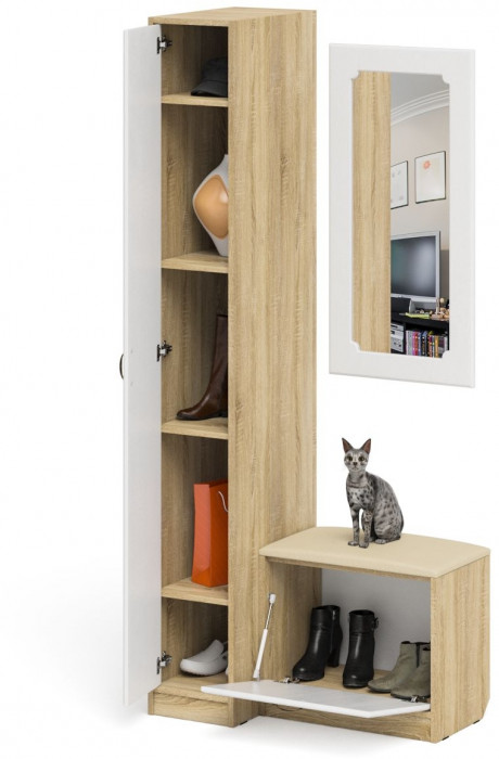 Прихожая П-6 Компоновка № 40, дуб сонома/фасады МДФ белое дерево фрезеровка ромб