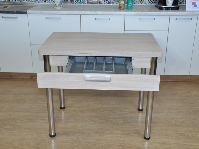 Симпл стол обеденный раскладной с ящиком / Ясень шимо светлый/хром