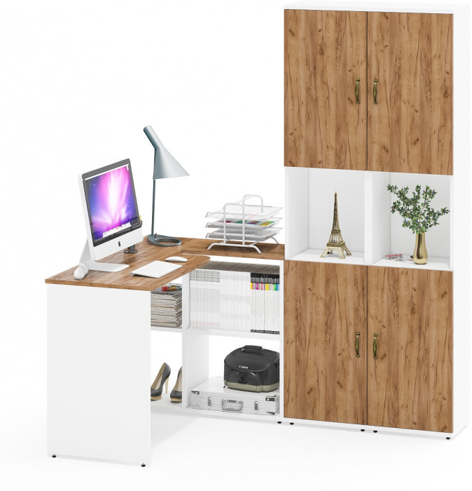 Лидер-8 Стол + Пенал + Пенал, белый шагрень/крафт золото