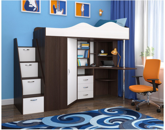 Кровать-чердак Пионер 1 (Белое дерево/Ясень Анкор темный)