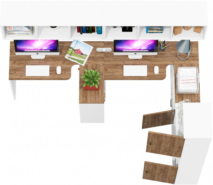 Лидер-8 Стол + Полка + Стол + Полка + Пенал + Тумба МД 3.19, цвет белый шагрень/крафт золото, 410х50/30х75/190 или 230х50/160х75/190 см., НЕ ун. сб.