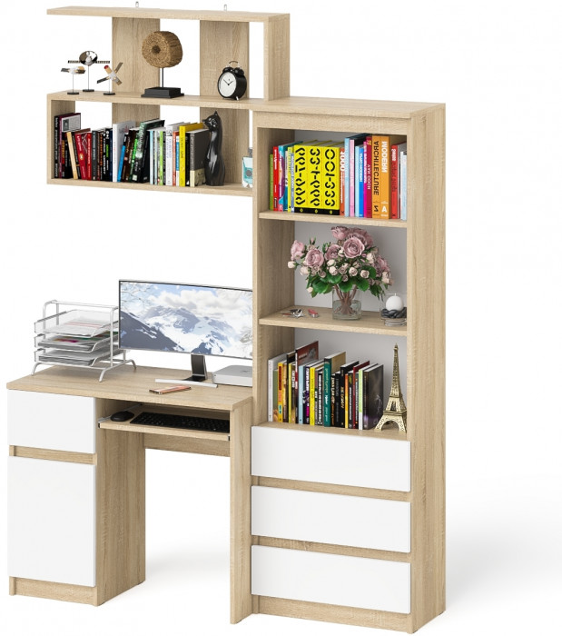 Мори Стол компьютерный МС-1 левый + Стеллаж МСТ600.3 + Полка 900, цвет дуб сонома/белый, ШхГхВ 150,4х50х209,6 см., НЕ универсальная сборка
